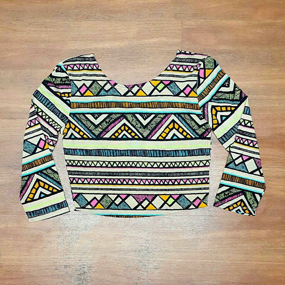 Beige/Multicolor Print Long Sleeve Crop Top